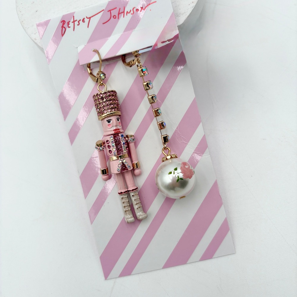 Betsey Johnson Pink Nutcracker Ornament Dangle Drop Earrings Crystal - Picture 2 of 3
